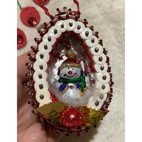 OVAL Push Pin 5 Christmas Ornaments Snowman Diorama Beautiful Beaded Sequined - Picture 13 of 16